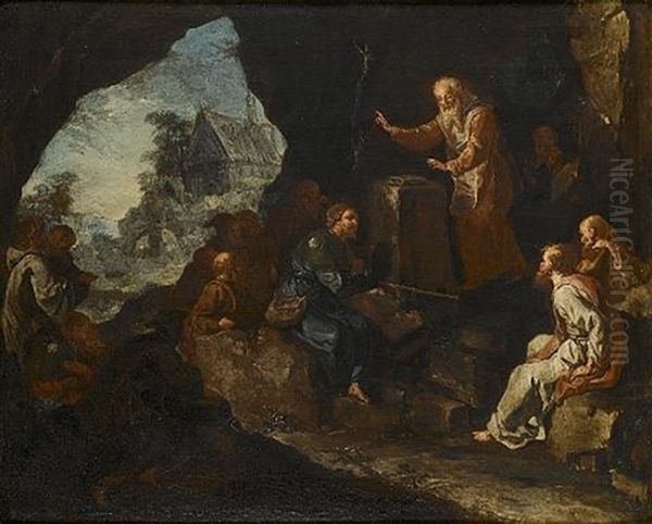 A Monk Preaching To A Pilgrim At The Mouth Of A Cave (+ The Death Of A Domenican Nun; Pair) Oil Painting by Giovanni Battista Rossi