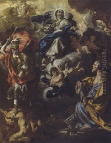 L'immacolata Conzezione Tra S. Michele Arcangelo E S. Andrea Oil Painting by Giovanni Battista Rossi