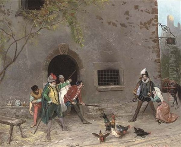 A Courtyard Dispute Oil Painting by Lucius Rossi