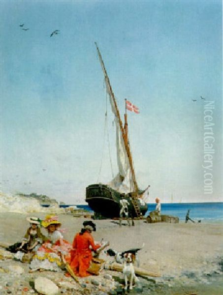 Elegant Company On A Beach Oil Painting by Lucius Rossi