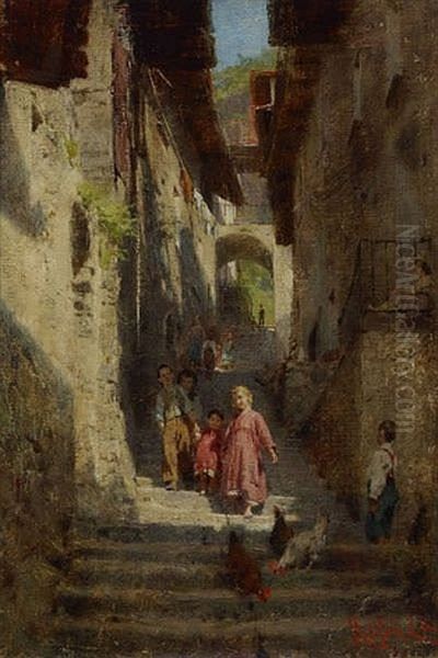 Dorfgasse Mit Kindern Auf Einer Treppe Oil Painting by Luigi Rossi