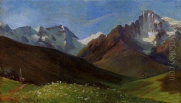 Gebirgslandschaft Mit Fernem Dorf Und Blumenwiese Oil Painting by Luigi Rossi