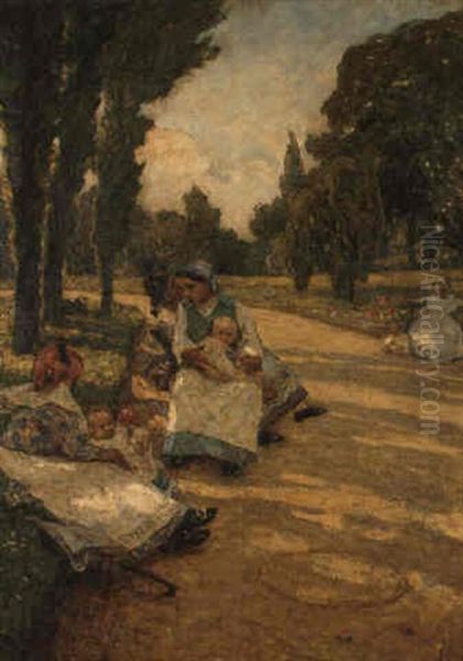 Families Resting In The Park Oil Painting by Luigi Rossi