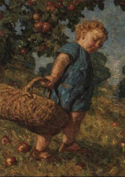 A Young Girl Collecting Apples Oil Painting by Luigi Rossi