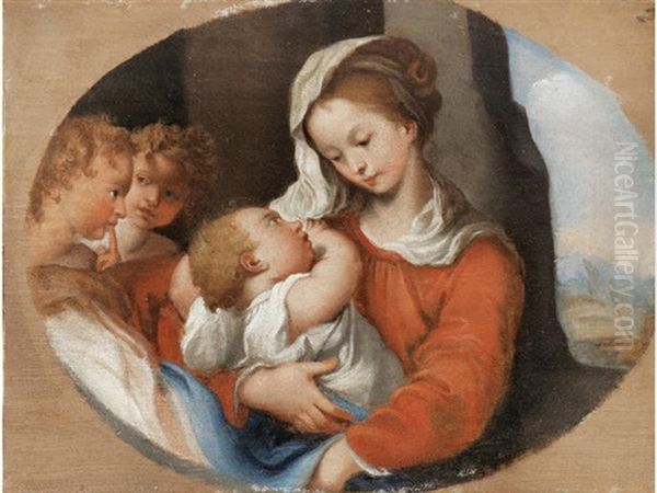 The Madonna And Child With Angels, Within A Painted Oval Oil Painting by Pasquale de' Rossi