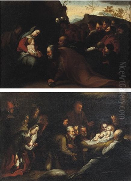 The Adoration Of The Shepherds (+ The Adoration Of The Magi; Pair) Oil Painting by Pasquale de' Rossi