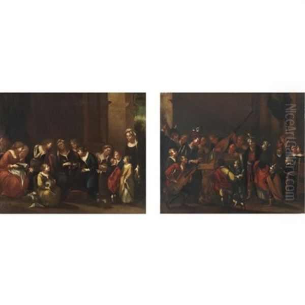 La Scuola Di Ricamo (+ Il Concerto; Pair) Oil Painting by Pasquale de' Rossi