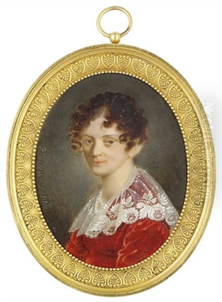 A Young Lady, In Red Velvet Dress With Falling Lace Collar Oil Painting by Pietro De Rossi