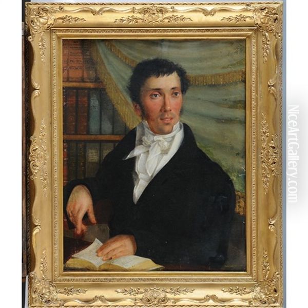 Portrait D'un Homme Et D'une Dame De Qualite Sur Un Fond De Bibliotheque (2 Works) Oil Painting by Francois Stanislas Rossignon