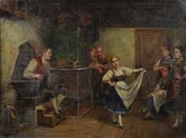 Das Neue Dirndl (bauerliches Interieur Mit Festtaglich Gekleideten Familienmitgliedern, In Der Mitte Tanzt Ein Madchen) Oil Painting by Georg Roessler