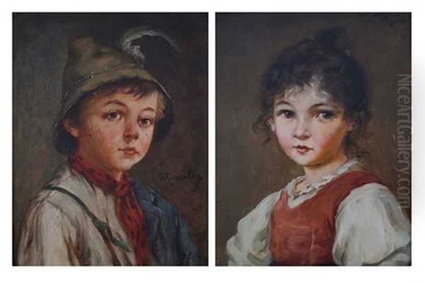 Portrait Of A Young Girl, Portrait Of A Young Boy (2 Works) Oil Painting by Georg Roessler