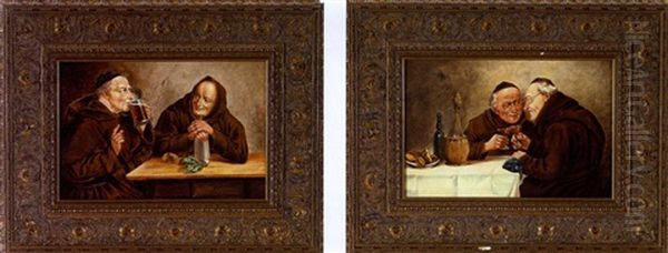 Monks Drinking Ale (+ Monks Drinking Wine; Pair) Oil Painting by Georg Roessler