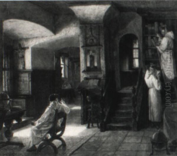 Klosterbibliothek Mit Vier Monchen Im Gesprach Oil Painting by Ludwig Christian F. W. von Rossler