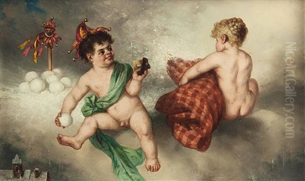 Die Vier Jahreszeiten. Putti-allegorien Jeweils Mit Knabe Und Madchen (4 Works) Oil Painting by Rudolf Roessler