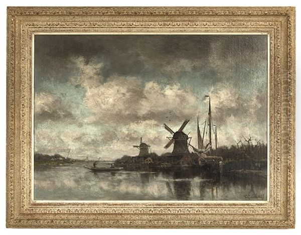 Windmills Oil Painting by Fredericus Jacobus Van Rossum Du Chattel