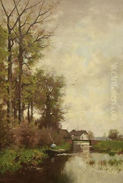 Punt On The River Oil Painting by Fredericus Jacobus Van Rossum Du Chattel