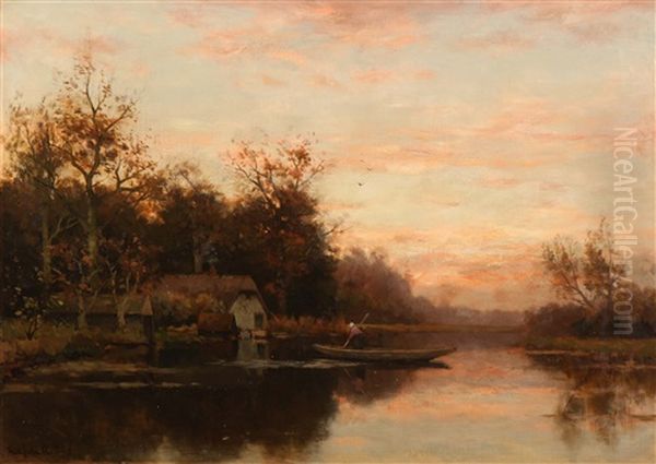 Woman Farmer In Her Flat-boat At Dusk Oil Painting by Fredericus Jacobus Van Rossum Du Chattel