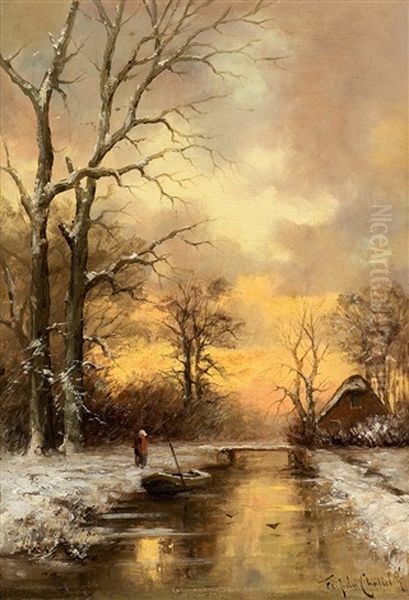 Winterliche Abendstimmung Oil Painting by Fredericus Jacobus Van Rossum Du Chattel