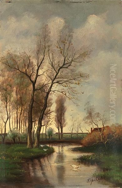 Fruhlingslandschaft Mit Bachlauf Und Weitem Blick In Das Land Oil Painting by Fredericus Jacobus Van Rossum Du Chattel