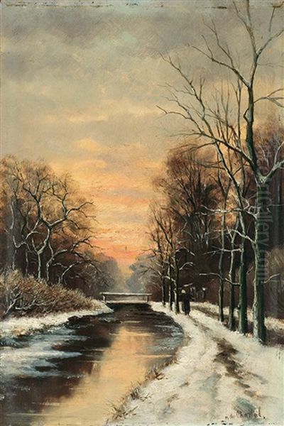 Abendliche Winterliche Kanallandschaft Oil Painting by Fredericus Jacobus Van Rossum Du Chattel