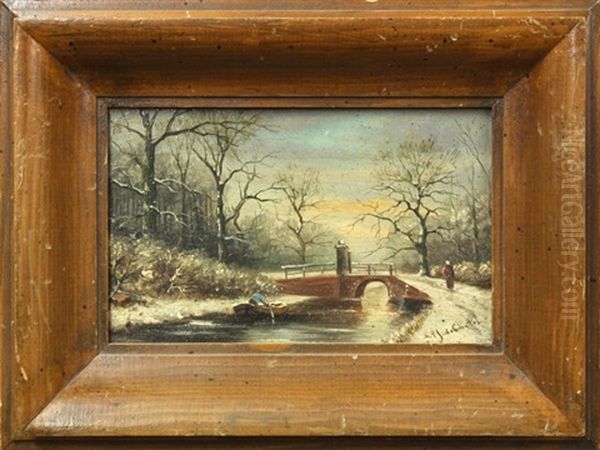 Dutch Winter Landscape With Figure Rowing Boat Oil Painting by Fredericus Jacobus Van Rossum Du Chattel