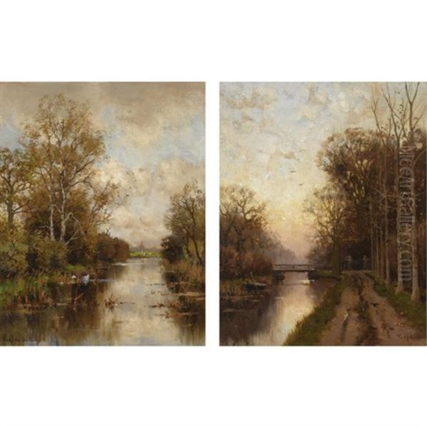 A Summer Evening (+ An Autumn Sunset; Pair) Oil Painting by Fredericus Jacobus Van Rossum Du Chattel