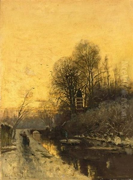 Woodgatherers Along A Canal In A Snow Covered Landscape Oil Painting by Fredericus Jacobus Van Rossum Du Chattel