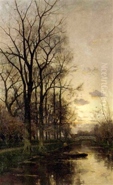 A Rowing Boat On A Canal At Dusk Oil Painting by Fredericus Jacobus Van Rossum Du Chattel