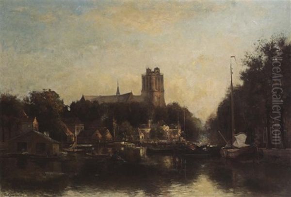 A View Of The Kleine Haven In Dordrecht Oil Painting by Fredericus Jacobus Van Rossum Du Chattel