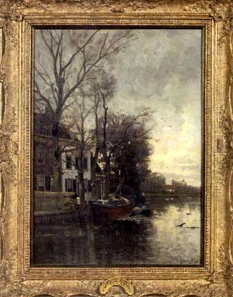 Canal Scene With Barge And House Oil Painting by Fredericus Jacobus Van Rossum Du Chattel