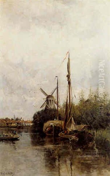 Summer: A Haybarge On A River Moored By A Windmill, A Town Beyond by Fredericus Jacobus Van Rossum Du Chattel