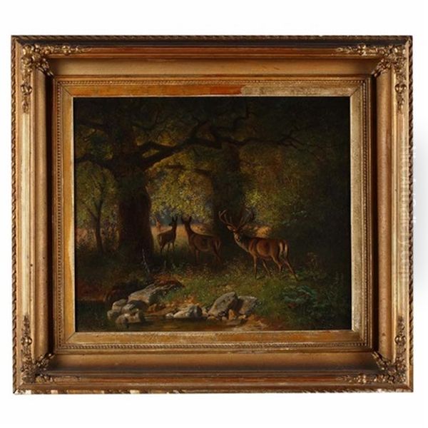 Deer In Wood Oil Painting by Carl Oswald Rostosky