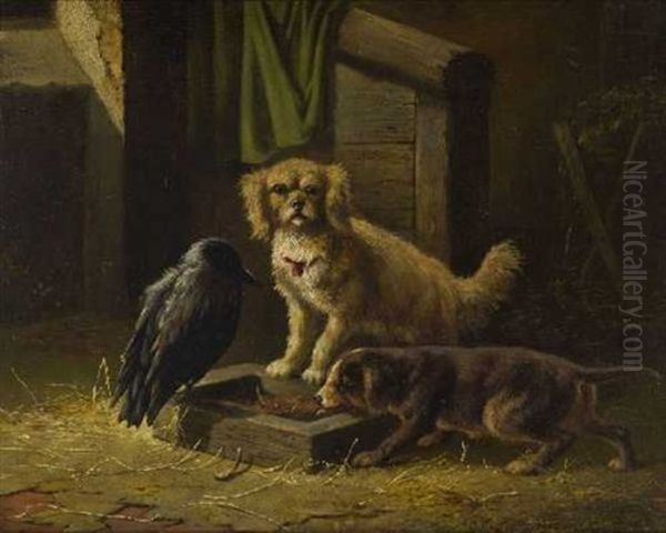 Zwei Hunde Und Dohle Am Futternapf Oil Painting by Carl Oswald Rostosky