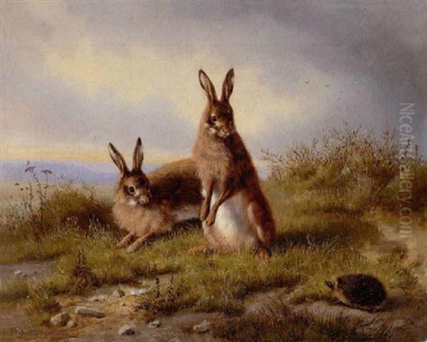 Zwei Kaninchen Und Ein Igel Oil Painting by Carl Oswald Rostosky