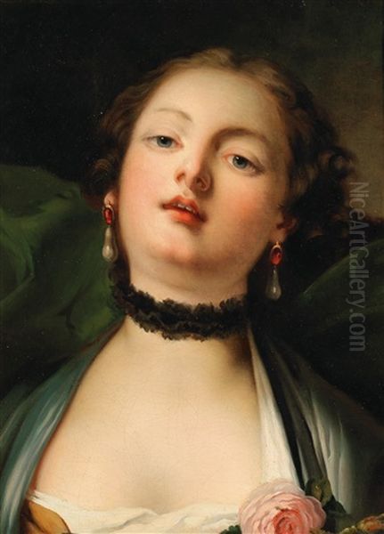 Portrait Of A Young Lady With A Black Lace Choker Oil Painting by Pietro Antonio Rotari