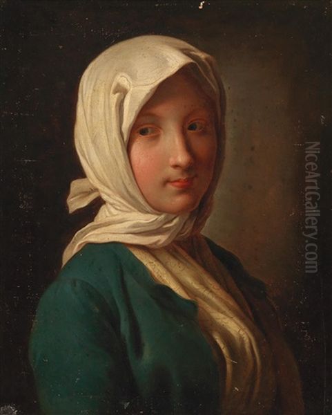 A Girl In A Blue Jacket And White Headscarf Oil Painting by Pietro Antonio Rotari