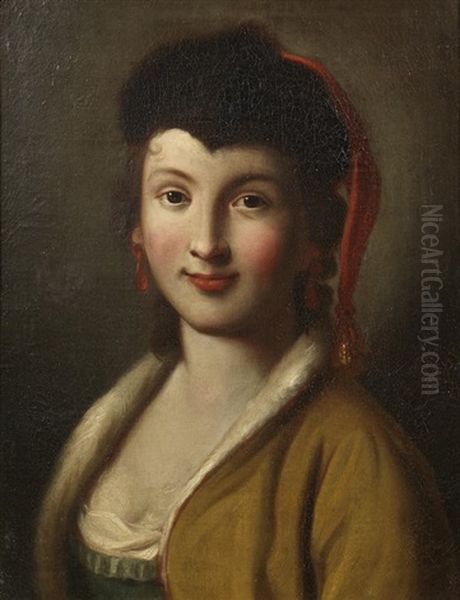 Portrait Of A Young Woman, Bust-length, In A Fur Hat And A Fur-trimmed Buff Coloured Coat Oil Painting by Pietro Antonio Rotari