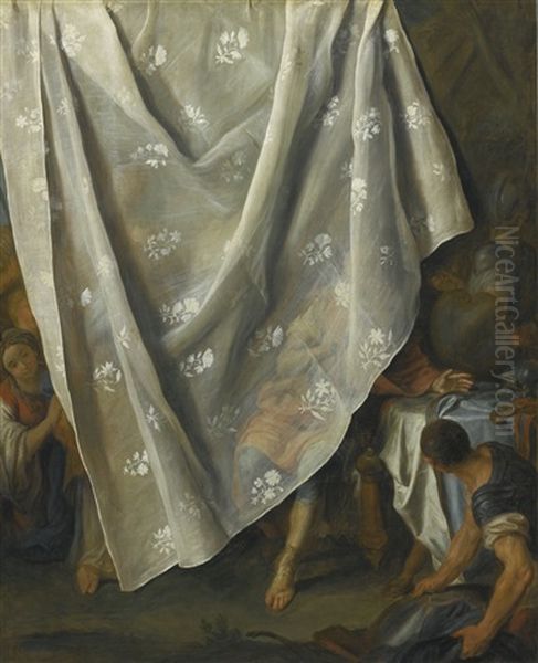 The Meeting Of Alexander The Great And Roxana, Behind A Tromp-l'oeil Curtain Oil Painting by Pietro Antonio Rotari