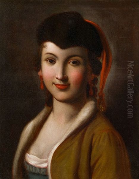 Junge Dame Mit Schwarzer Pelzkappe Und Roten Ohrringen Oil Painting by Pietro Antonio Rotari