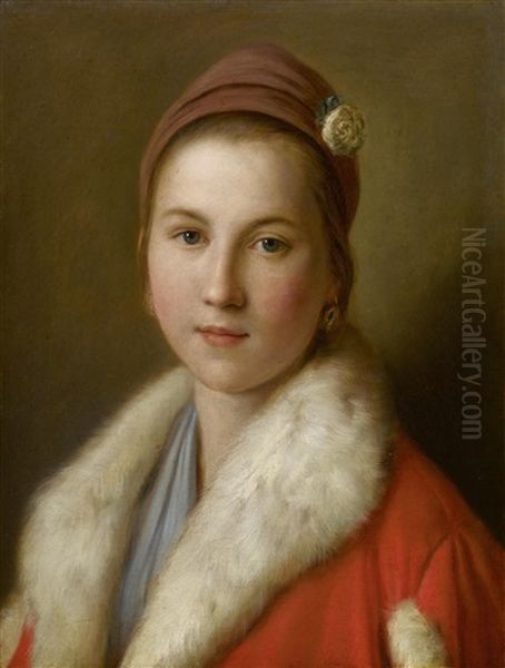 Junge Frau In Einem Roten, Pelzverbramten Mantel by Pietro Antonio Rotari