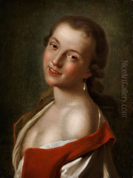 Halbbildnis Eines Jungen, Lachelnden Madchens Mit Tropfenformigem Perlohrring Oil Painting by Pietro Antonio Rotari