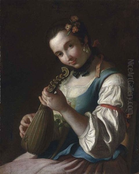 A Young Woman In Rural Dress, Playing A Lute Oil Painting by Pietro Antonio Rotari