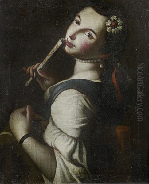 A Young Lady Wearing A Pearl Earring And Holding A Fan Oil Painting by Pietro Antonio Rotari