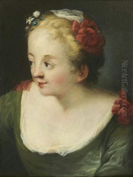 Jeune Femme A La Robe Et A La Coiffure Ornees De Noeuds Rouges Oil Painting by Pietro Antonio Rotari