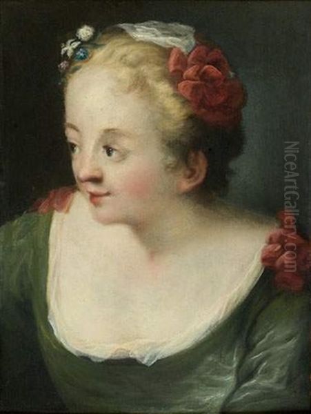 Jeune Femme A La Robe Et A La Coiffure Ornees De Noeuds Rouge Oil Painting by Pietro Antonio Rotari