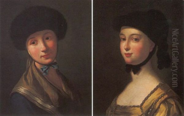 Fanciulla In Abito Turchese E Cappello Di Pelo Oil Painting by Pietro Antonio Rotari