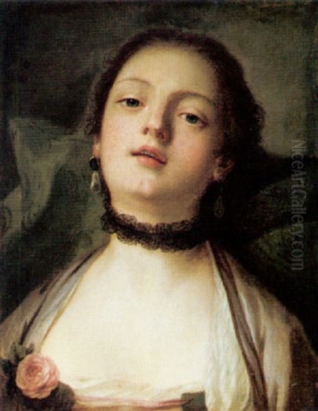 Portrait Of A Young Lady With A Black Lace Choker Oil Painting by Pietro Antonio Rotari