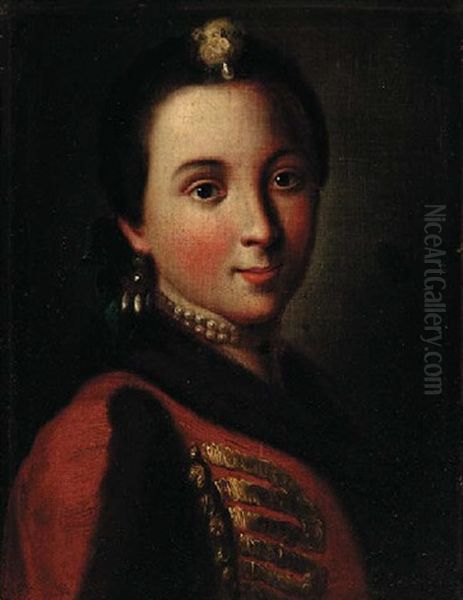 Portrait Of A Lady In Pearls And A Gold-embroidered And Fur-trimmed Tunic Oil Painting by Pietro Antonio Rotari