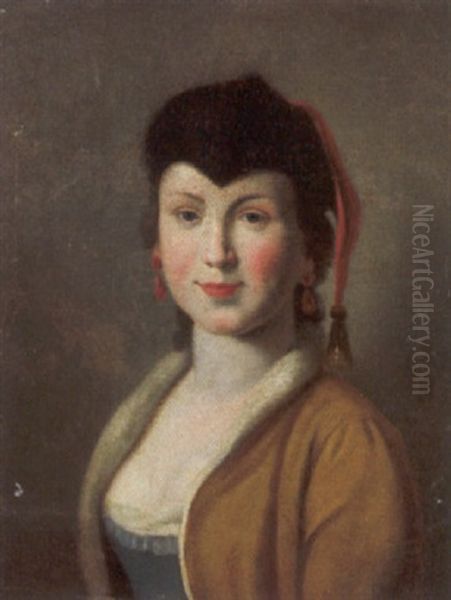 Ragazza Con Mantello Giallo, Cappello Nero E Orecchini Oil Painting by Pietro Antonio Rotari