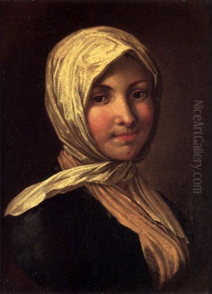 Portrait Of A Girl, Wearing A Blue Coat, Yellow Scarf And A White Headdress Oil Painting by Pietro Antonio Rotari